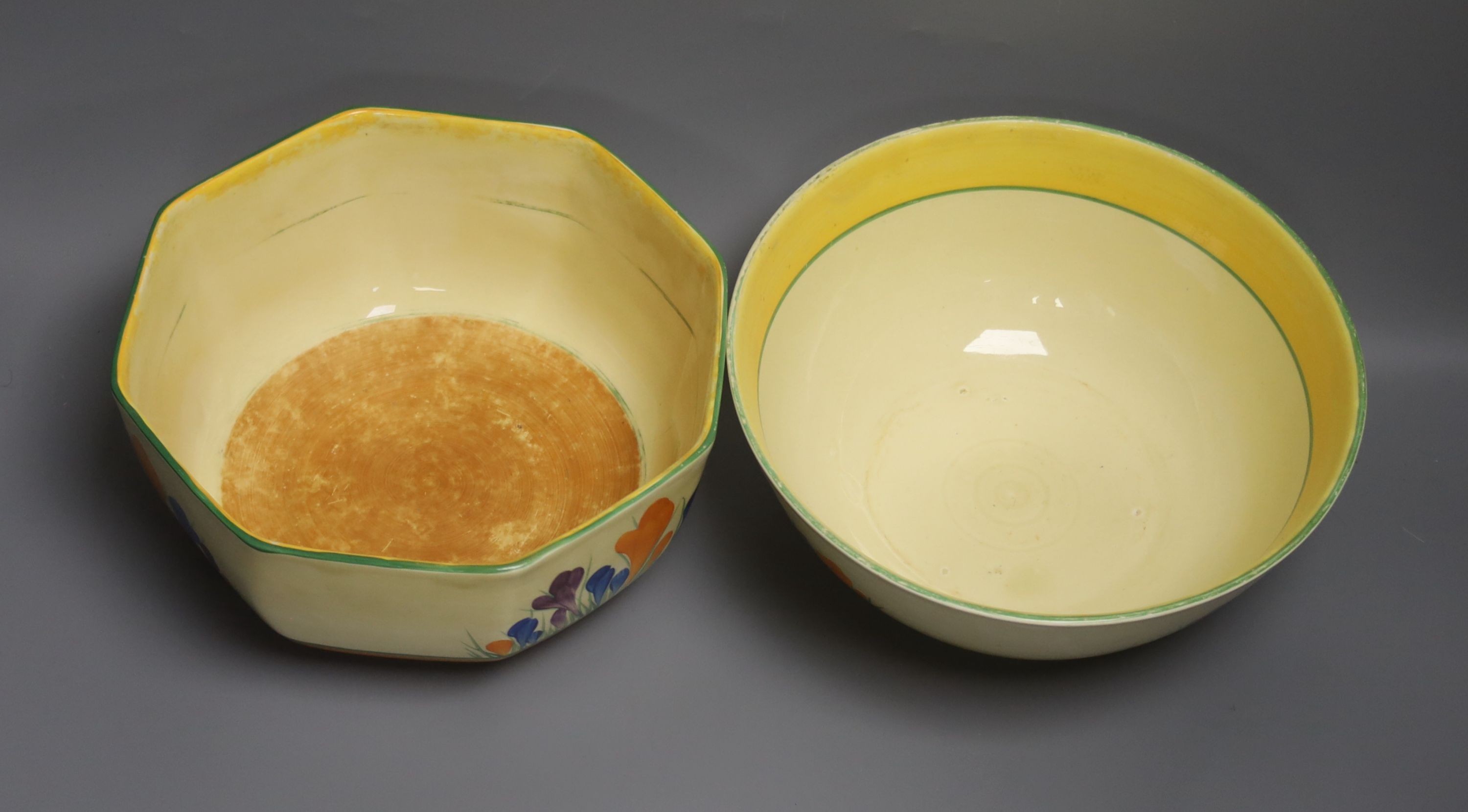 Two Clarice Cliff crocus pattern bowls 22cm